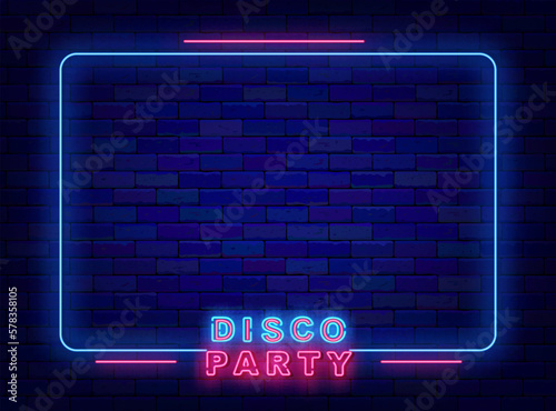 Disco party neon advertising. Night club announcement. Blue frame with lines on brick wall. Vector stock illustration