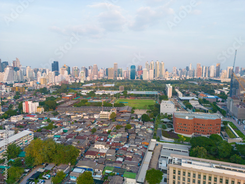 Photography Aerial view Lumpini central park with modern office building sunset sky downtown