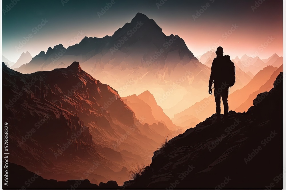 Silhouette of a man with a backpack on top of a mountain. Generative AI