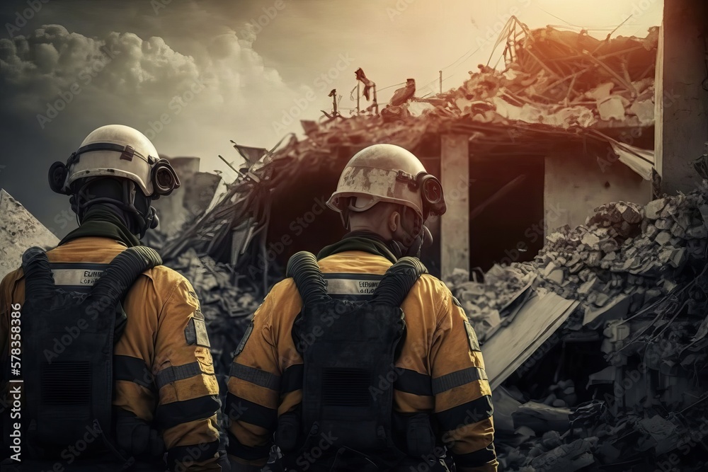 Firefighter in uniform and helmet standing in front of destroyed building. Generative AI Firefighter in uniform and helmet standing in front of destroyed building. Generative AI