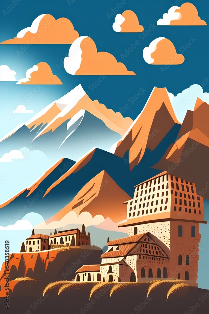 Landscape of traditional ancient buildings with mountains and clouds in the background, vector illustration - generative ai