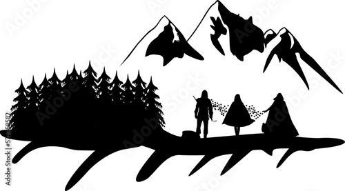 Gruppe von Fantasy Charakteren in schöner Landschaft mit Bergen und Wald