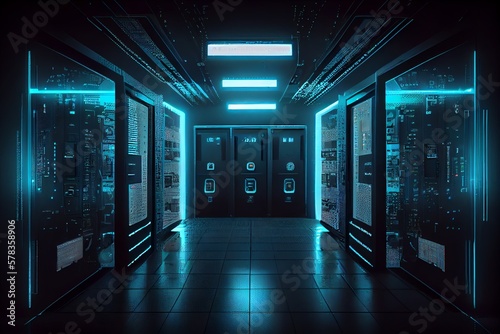Cyberpunk Data Center Room With Mainframe Storage Servers  Vintage Cloud Network Concept  Hosting Databases And Internet  . Generative AI