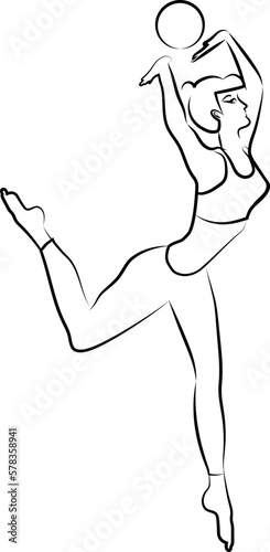 Gymnastics. The sportswoman does an exercise with a ball. Black contour with thinning.