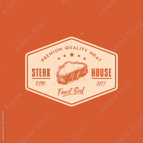 The Flash Instant Steak Abstract Vintage Vector Emblem, Label or Logo Template. Meat with a Lightning Concept Illustration, Retro Print Effect, Typography and Shabby Texture. Isolated.