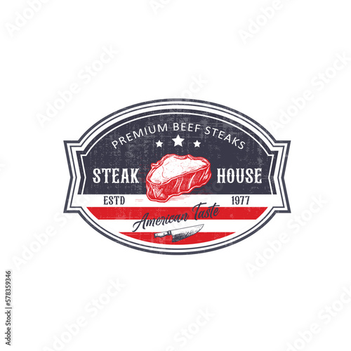 The Flash Instant Steak Abstract Vintage Vector Emblem, Label or Logo Template. Meat with a Lightning Concept Illustration, Retro Print Effect, Typography and Shabby Texture. Isolated.
