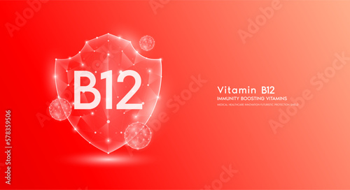 Vitamin B12 shield polygonal translucent red. Immunity boosting vitamins. Medical innovation protect your body healthy. Shield low poly triangle modern futuristic protection. Banner vector.