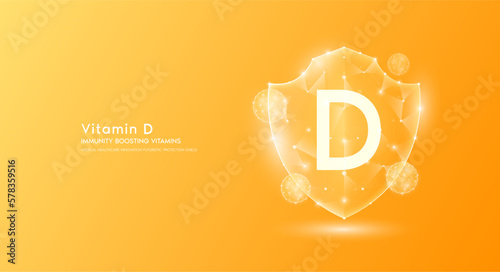 Vitamin D shield polygonal translucent orange. Immunity boosting vitamins. Medical innovation protect your body healthy. Shield low poly triangle modern futuristic protection. Banner vector.