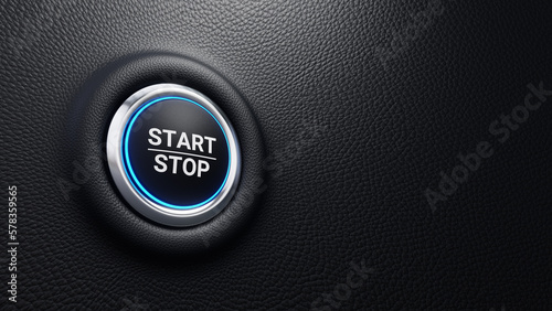 Start Stop push button, Start and stop modern car button with blue shine, Just push the button, 3D illustration