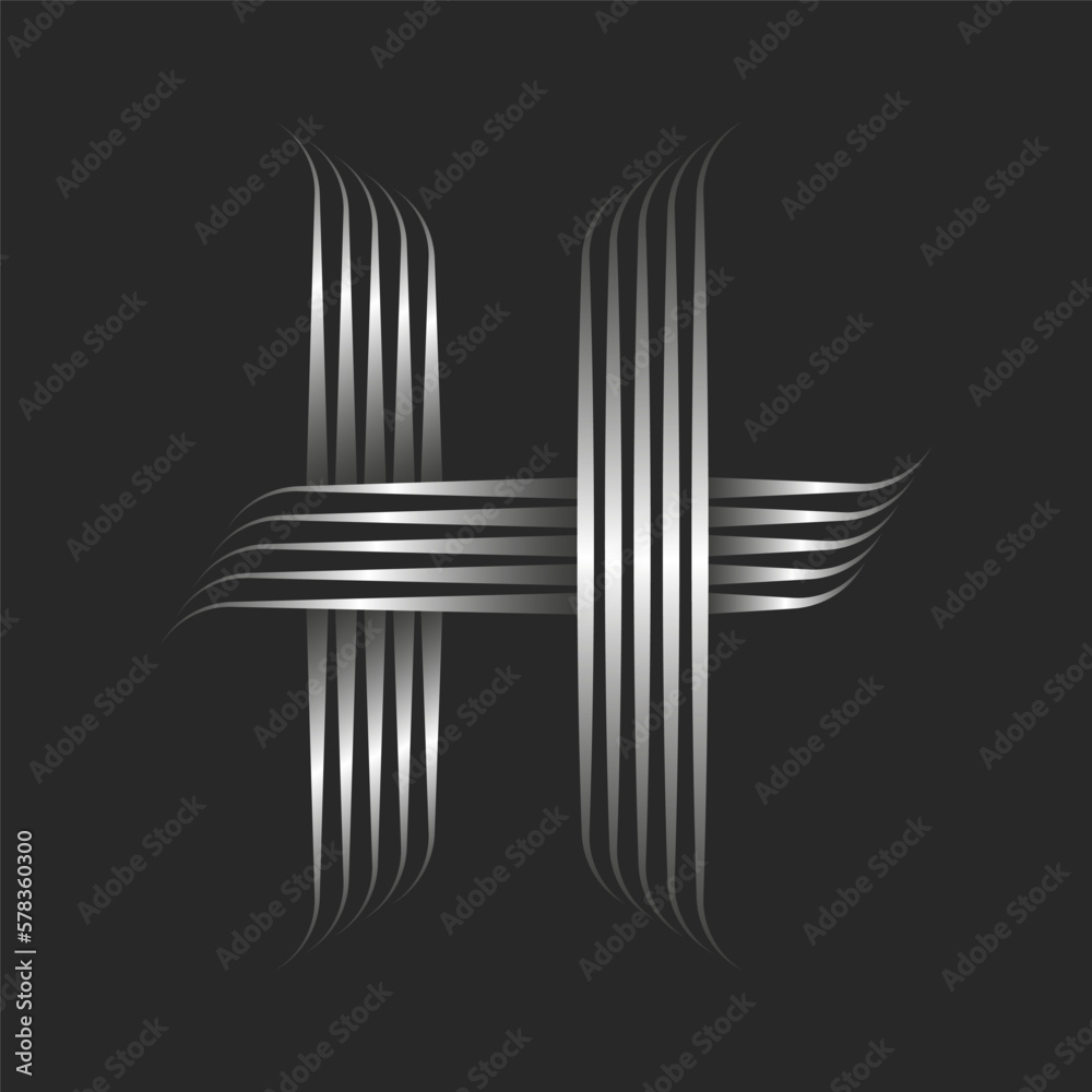 Artistic monogram H letter initial logo from metallic gradient parallel thin lines pattern, silver color striped alphabetic mark, typography decorative calligraphic artwork. Artistic monogram H letter initial logo from metallic gradient parallel thin lines pattern, silver color striped alphabetic mark, typography decorative calligraphic artwork.