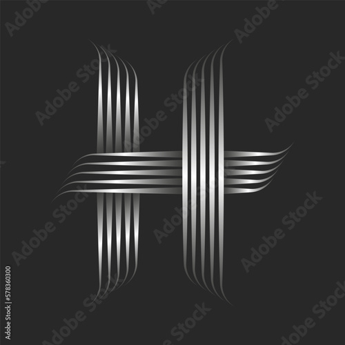 Artistic monogram H letter initial logo from metallic gradient parallel thin lines pattern, silver color striped alphabetic mark, typography decorative calligraphic artwork.