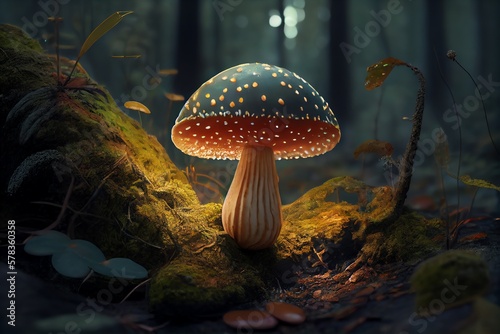 Magic Mushroom In The Forest. Generative AI