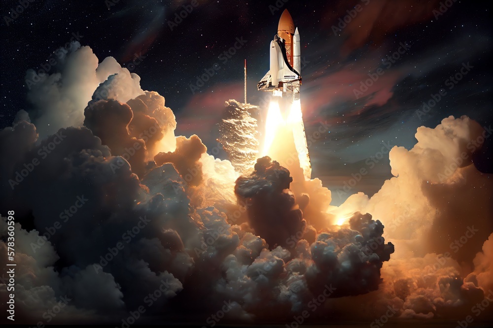 Nasa Provided This Picture Of A Cloud-Based Shuttle Launch Into Deep Space, Complete With A Backdrop Of Twinkling Stars. Generative AI - obrazy, fototapety, plakaty 