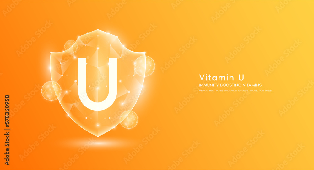 Obraz premium Vitamin U shield polygonal translucent orange. Immunity boosting vitamins. Medical innovation protect your body healthy. Shield low poly triangle modern futuristic protection. Banner vector.