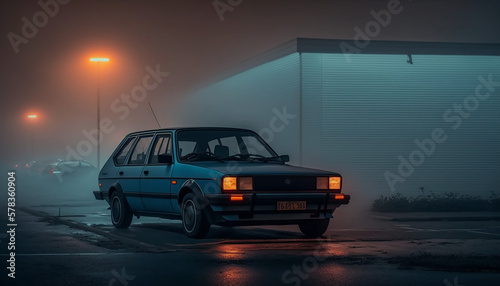 Illustration of 90s era car parked in dark foggy parking lot illuminated by blue and red lights © Crane Design