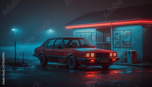 Illustration of 90s era car parked in dark foggy parking lot illuminated by blue and red lights