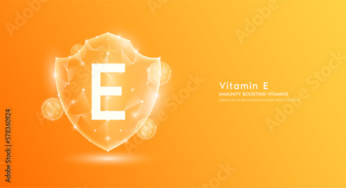 Vitamin E shield polygonal translucent orange. Immunity boosting vitamins. Medical innovation protect your body healthy. Shield low poly triangle modern futuristic protection. Banner vector.