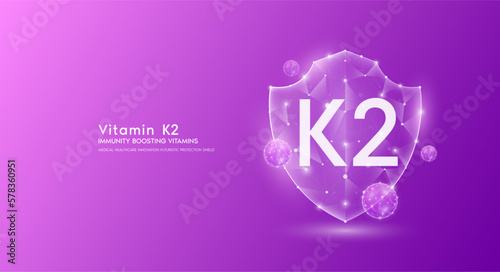 Vitamin K2 shield polygonal translucent purple. Immunity boosting vitamins. Medical innovation protect your body healthy. Shield low poly triangle modern futuristic protection. Banner vector.
