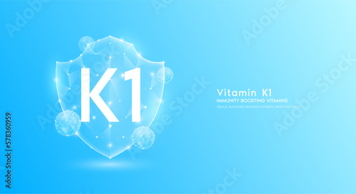 Vitamin K1 shield polygonal translucent blue. Immunity boosting vitamins. Medical innovation protect your body healthy. Shield low poly triangle modern futuristic protection. Banner vector.