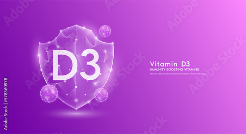 Vitamin D3 shield polygonal translucent purple. Immunity boosting vitamins. Medical innovation protect your body healthy. Shield low poly triangle modern futuristic protection. Banner vector.