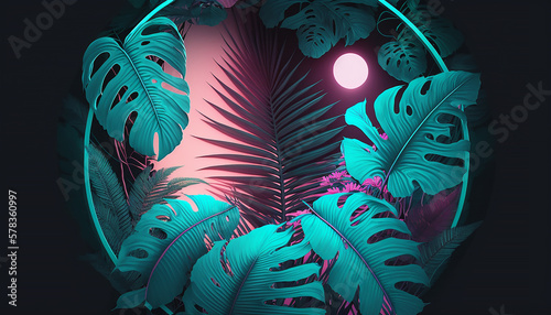 Retro 80s Neon pink and teal circular illustration of tropical palm and monstera leaves. Created with generative AI.
