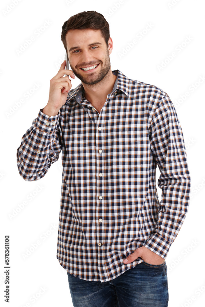 Its great to hear from you. Studio portrait of a handsome young man talking on his cellphone isolated on white. Its great to hear from you. Studio portrait of a handsome young man talking on his cellphone isolated on white.