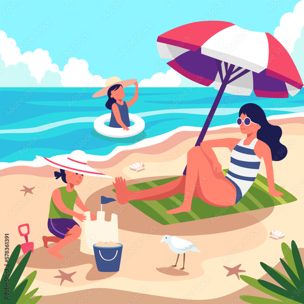  woman on vacation comes to the beach for a swim and then she comes to rest under a parasol.