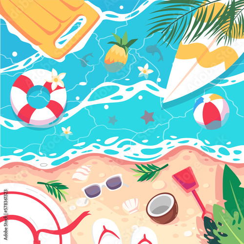 Summer time Scene. Aerial view of the seaside with inflatable rafts,
