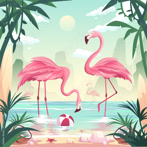 Summer time beach concept. Flamingos catching fish at the seashore © Johnstocker