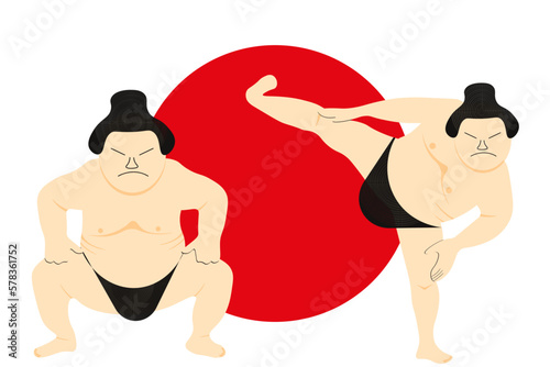Sumo wrestler on a japanese flag background. Flat illustration of a sumo wrestler.
