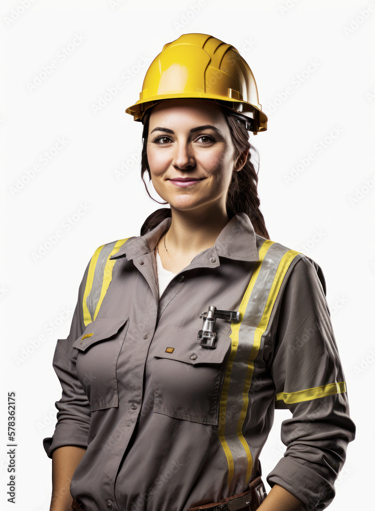 Fototapeta premium Portrait of a female construction worker wearing hard hat, studio shot, white background. Generative ai