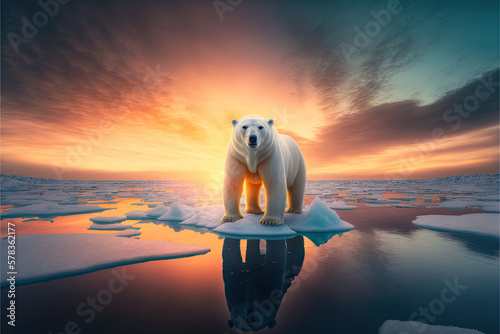 One polar bear on iceberg in ocean with floating icebergs on sunset background. floating icebergs due to climate change and melting glaciers. AI generative