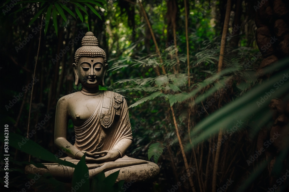 buddha statue in the jungle. buddhism religion. generative AI