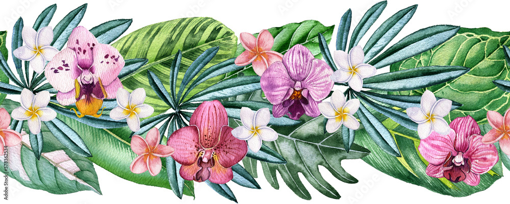 watercolor drawing green tropical leaves and orchid and plumeria ...