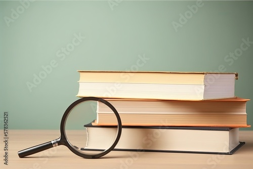 a magnifying glass focusing a stack of books