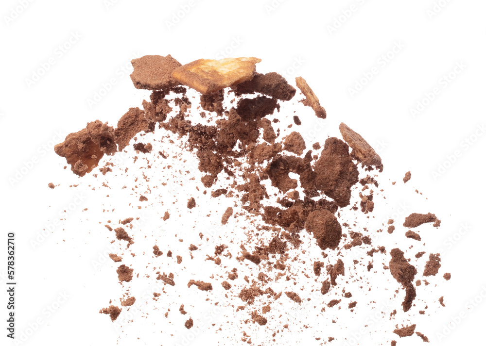 Cocoa powder fall fly in mid air mix cookie cracker, Cocoa powder floating explosion. Cocoa powder Chocolate chip crunch throw in air. White background isolated freeze motion high speed shutter Cocoa powder fall fly in mid air mix cookie cracker, Cocoa powder floating explosion. Cocoa powder Chocolate chip crunch throw in air. White background isolated freeze motion high speed shutter