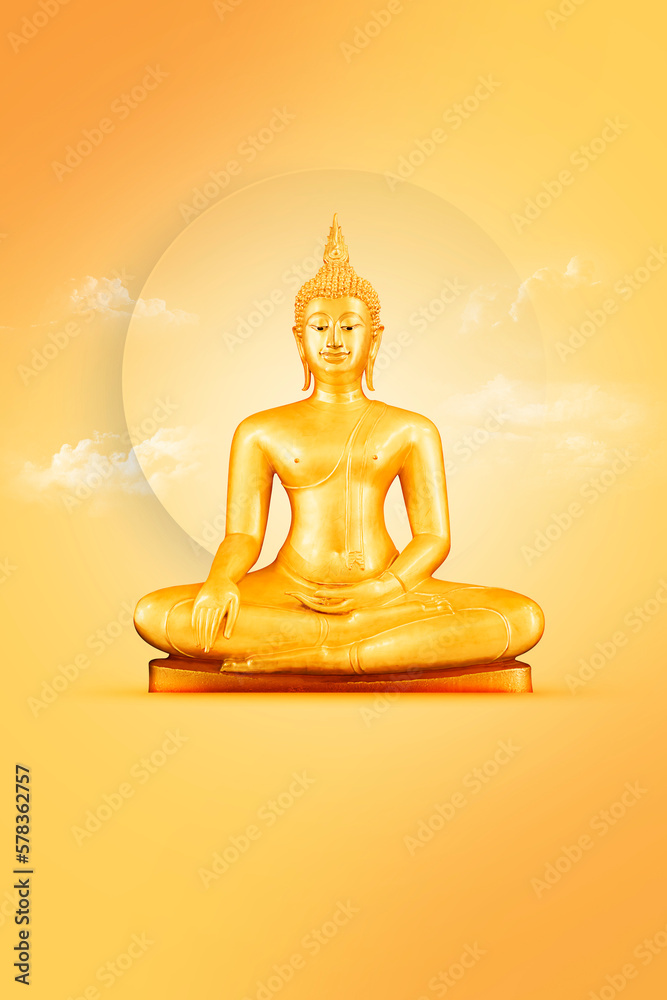 Golden buddha statue on orange background with space for your text Golden buddha statue on orange background with space for your text