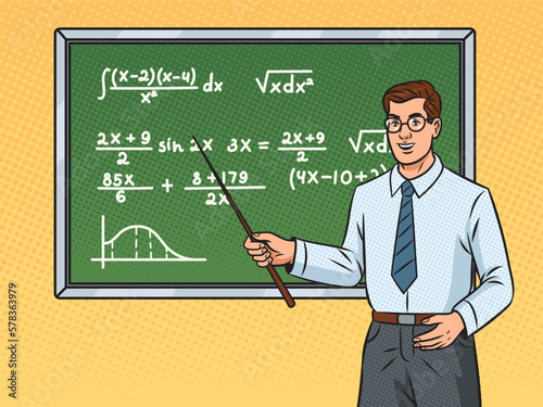 Mathematics teacher at blackboard with algebra formulas pop art retro vector illustration. Comic book style imitation.