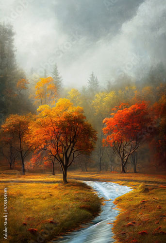 Beautiful autumn landscape. Digital art.
