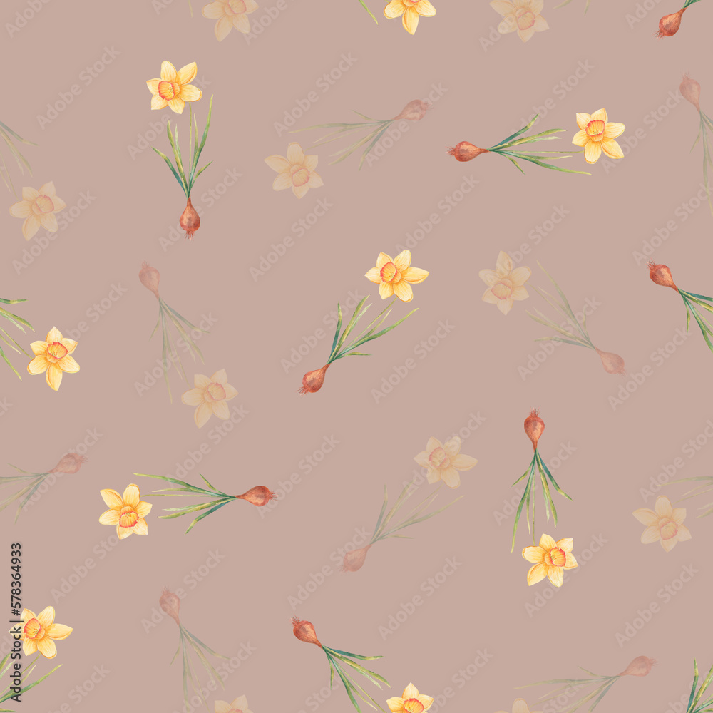 Watercolor botanical realistic floral pattern with narcissus. Bright yellow daffodil on a white background. Natural and vibrant repeated print for textile, wallpaper. Spring flowers