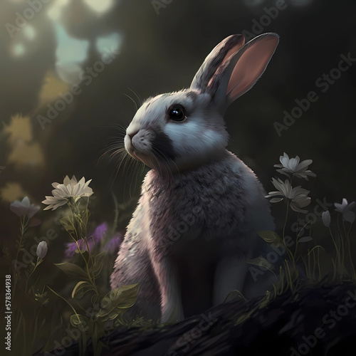 Rabbit in the grass. Created with generative AI technologies