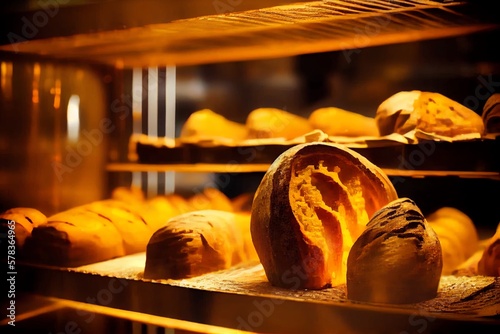 Fotomurale Freshly Baked Sourdough Bread With A Golden Crust On Bakery Shelves