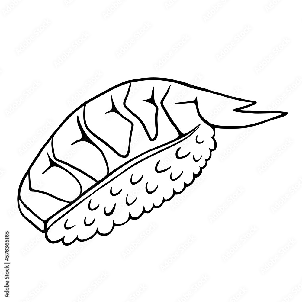 Sushi with prawn hand drawn isolated on white background. Vector illustration. Sushi with prawn hand drawn isolated on white background. Vector illustration.