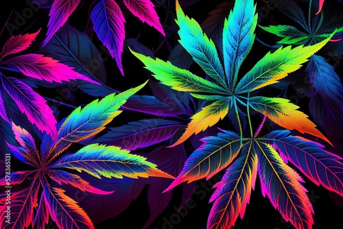 Cannabis Leaves Weed But A Flash Of Colors Seamless Pattern  Background. Illustration In Neon  Fluorescent Colors. Generative AI