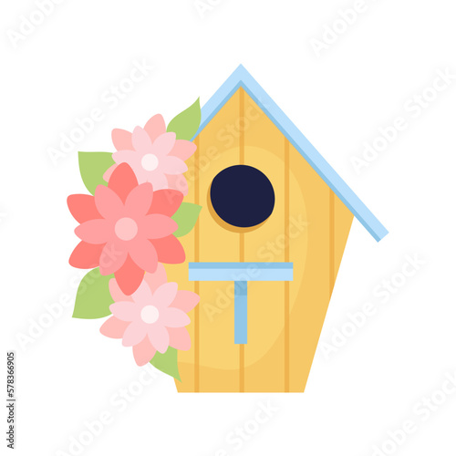Flat illustration of a wooden birdhouse with blooming pink flowers. Spring decor.	