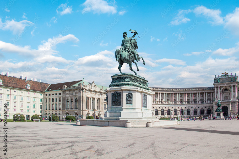 Fototapeta premium Equestrian statue of Prince Eugene of Savoy in front of the National Library of Austria in Vienna