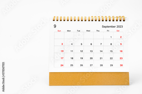 The September 2023 Monthly desk calendar for 2023 year isolated on white background.