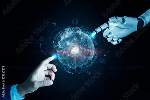 Fotografi Technology  people concept man use AI to help work, Learning Artificial Intellig