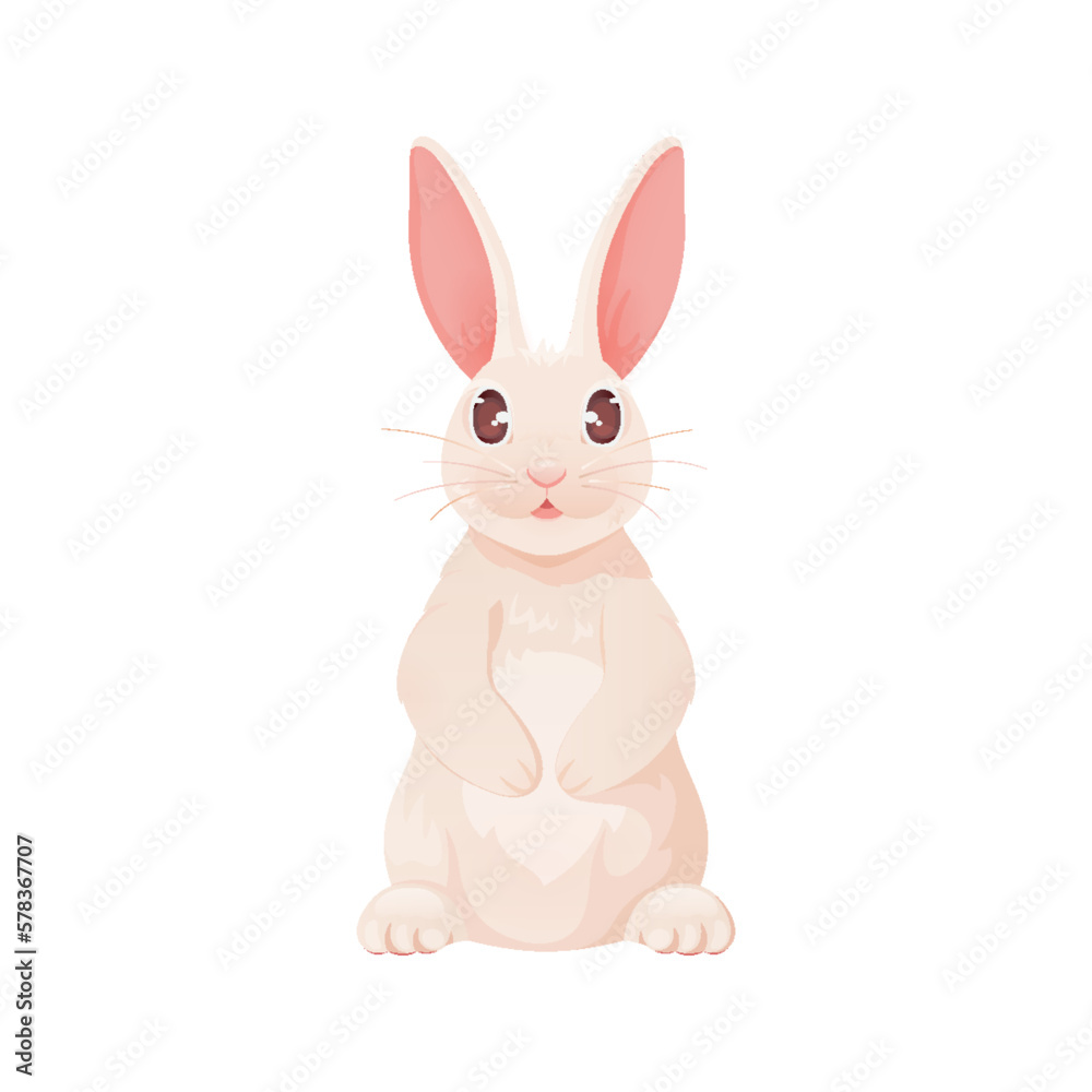 Happy Easter bunny white flat character cartoon. Large pink ear dark wool sitting empty paw book cartoon character hare rabbit wild cute funny animal holiday symbol kid book sticker print isolated Happy Easter bunny white flat character cartoon. Large pink ear dark wool sitting empty paw book cartoon character hare rabbit wild cute funny animal holiday symbol kid book sticker print isolated