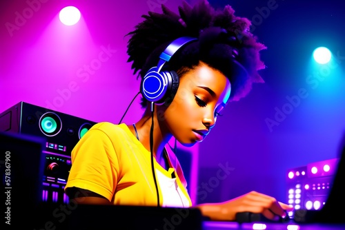Beautiful African American girl dj with headphones AI